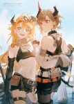  2girls :d arknights bandana bandeau bangs bare_shoulders belt black_choker black_gloves black_shorts blue_sky choker cloud cowboy_shot croissant_(arknights) croissant_(seeker)_(arknights) day elbow_gloves from_behind gloves goggles goggles_on_head green_eyes grey_hair hair_ornament hairclip head_tilt highres horns infection_monitor_(arknights) long_hair looking_at_viewer midriff multiple_girls navel nunok open_mouth orange_hair oripathy_lesion_(arknights) parted_lips pouch red_eyes short_shorts shorts sky smile standing stomach thigh_strap thighs vulcan_(arknights) 