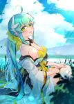  1girl absurdres aqua_hair bikini blue_sky bow breasts cloud day dragon_girl dragon_horns fate/grand_order fate_(series) frilled_bikini frills hair_bow highres horns japanese_clothes kimono kiyohime_(fate) kiyohime_(swimsuit_lancer)_(fate) long_hair medium_breasts motimotimeshi multiple_horns obi off_shoulder outdoors ponytail sash sitting sky solo swimsuit thighhighs white_legwear yellow_bikini yellow_bow yellow_eyes 