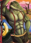  abs anthro bottomwear bulge claws clothing crocodile crocodilian crocodylid female firefighter firehose green_body green_scales hand_on_hip hi_res male muscular muscular_anthro muscular_male outside pants plant pupils recurrent reptile scales scalie sharp_teeth slit_pupils smile solo suspenders teeth tree water yellow_eyes 