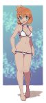  1girl barefoot bikini bikini_pull breasts clothes_pull full_body green_eyes groin gym_leader hair_between_eyes highres lamb-oic029 looking_at_viewer medium_breasts medium_hair misty_(pokemon) navel open_mouth orange_hair pokemon pokemon_(game) pokemon_gsc pulled_by_self smile solo stomach swimsuit toes undressing walking 