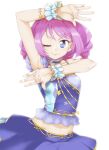  1girl akitsuki_itsuki blue_eyes bracelet choker closed_mouth copyright_request cowboy_shot drill_hair hand_up hands_up jewelry looking_at_viewer midriff one_eye_closed pink_hair purple_choker purple_skirt simple_background skirt smile solo white_background wristband 