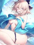  1girl artist_name bare_shoulders black_panties blonde_hair blurry blush breasts covering covering_breasts depth_of_field fate/grand_order fate_(series) flying_sweatdrops hair_ribbon hand_on_own_chest koha-ace kousaki_rui medium_breasts okita_souji_(fate) okita_souji_(fate)_(all) open_mouth panties panties_around_one_leg ribbon short_hair solo sweat underboob underwear yellow_eyes 