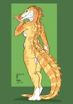  alligator alligatorid anthro back_spikes breasts butt claws crocodilian digitigrade female gryph000 hi_res looking_back non-mammal_breasts nude reptile scales scalie sharp_teeth side_boob solena_(character) solo spiked_tail spikes spikes_(anatomy) standing teeth thick_tail yellow_body yellow_scales 