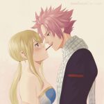 1boy 1girl annlu_vazzel artist_name bangs bare_shoulders blonde_hair blush breasts couple dated english_commentary eye_contact fairy_tail fang food highres large_breasts long_hair looking_at_another looking_up lucy_heartfilia natsu_dragneel open_mouth pink_hair pocky pocky_day pocky_kiss profile scarf shared_food short_hair skindentation smile spiked_hair twintails white_scarf 