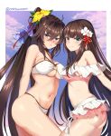  2girls absurdres ahoge ass bare_arms bare_shoulders bikini bikini_skirt blue_eyes breasts brown_hair cleavage closed_mouth counter_side flower frown groin hair_between_eyes hair_flower hair_ornament highres large_breasts long_hair looking_at_viewer multiple_girls nanahara_chifuyu nanahara_chinatsu navel o-ring o-ring_bikini pink_bikini ponytail siblings sisters smile stomach string_bikini swimsuit thighs twomoon underboob v-shaped_eyebrows very_long_hair white_bikini 