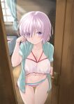  1girl areolae bikini bikini_top_removed breasts doorway fate/grand_order fate_(series) hair_over_one_eye large_breasts light_purple_hair mash_kyrielight navel nipples official_alternate_costume open_door opening_door pov_doorway purple_eyes rohgun see-through short_hair side-tie_bikini solo standing striped striped_bikini swimsuit swimsuit_of_perpetual_summer_ver.02 