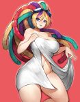  1girl absurdres blue_eyes breasts cleavage goggles goggles_on_head gurimjang hairlocs highres large_breasts lipstick makeup multicolored_hair naked_towel original rainbow_hair solo thighs towel 