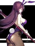  1girl animal_ears ass bunny_ears bunny_tail fake_animal_ears fate/grand_order fate_(series) fishnet_legwear fishnets gae_bolg_(fate) koshika_rina leotard long_hair piercing_bunny playboy_bunny purple_hair purple_leotard red_eyes scathach_(fate) scathach_(fate)_(all) solo strapless strapless_leotard tail very_long_hair wrist_cuffs 