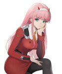  1girl absurdres bangs black_legwear breasts closed_mouth cotta_(heleif) darling_in_the_franxx eyebrows_visible_through_hair green_eyes hairband hand_on_own_leg hand_up head_rest highres horns large_breasts long_hair long_sleeves looking_at_viewer pantyhose pink_hair red_horns shiny shiny_hair simple_background sitting solo uniform white_background zero_two_(darling_in_the_franxx) 