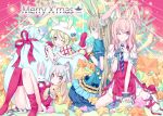  4girls :d animal_ears arm_between_breasts asymmetrical_legwear bell between_breasts blue_bow blue_dress blue_eyes blue_neckwear blue_ribbon boots bow breasts bunny_ears cameltoe capelet cat_ears cat_tail christmas_ornaments christmas_tree closed_mouth collared_shirt dress ears_through_headwear english_text flower from_side fur-trimmed_capelet fur_trim gloves green_hair grey_hair hair_bell hair_flower hair_ornament hairclip hand_on_own_chest hands_clasped heart heart_hair_ornament high-waist_skirt interlocked_fingers kousaki_rui long_hair looking_at_viewer lying medium_hair merry_christmas multiple_girls necktie on_back one_eye_closed open_mouth original own_hands_together panties pantyshot parted_lips pink_eyes pink_footwear pink_gloves pink_hair pink_legwear pom_pom_(clothes) profile puffy_short_sleeves puffy_sleeves purple_eyes purple_flower purple_rose reclining red_eyes ribbon rose sack santa_boots shirt short_sleeves sideways_glance single_sock single_thighhigh skirt smile socks star_(symbol) striped_tail stuffed_animal stuffed_bunny stuffed_toy suspender_skirt suspenders tail thighhighs underwear white_flower white_legwear white_panties white_rose white_shirt wing_collar 