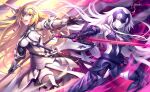  2girls absurdres armor blonde_hair blue_eyes braid detached_sleeves dual_persona fate/apocrypha fate/grand_order fate_(series) faulds flag fur_trim gauntlets headpiece highres jeanne_d&#039;arc_(alter)_(fate) jeanne_d&#039;arc_(fate) jeanne_d&#039;arc_(fate)_(all) kousaki_rui long_hair multiple_girls open_mouth smile sword thighhighs very_long_hair weapon yellow_eyes 