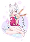  1girl animal_ears bare_legs barefoot doll doll_hug feet hair_ornament hairclip heart kousaki_rui looking_at_viewer original photoshop_(medium) short_hair sitting solo stuffed_animal stuffed_bunny stuffed_toy sweater tail tiger_ears tiger_tail white_hair yellow_eyes yokozuwari 