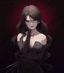  1girl bangs bare_shoulders black_background black_dress black_hair breasts claws cleavage collarbone cotta_(heleif) covered_navel dress elbow_gloves fullmetal_alchemist gloves highres large_breasts long_hair looking_at_viewer lust_(fma) parted_lips red_background red_eyes shiny shiny_hair smile solo tattoo teeth 