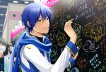  &gt;_&lt; 1boy :d blue_eyes blue_hair blue_scarf blurry blurry_background chalkboard character_name coat commentary crayon faceless faceless_female hatsune_miku headphones indoors kagamine_len kagamine_rin kaito_(vocaloid) kaito_(vocaloid3) long_sleeves looking_at_viewer magical_mirai_(vocaloid) male_focus mask megurine_luka meiko mouth_mask nokuhashi scarf short_hair smile solo_focus upper_body vocaloid white_coat writing 