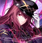  1girl ascot black_headwear black_jacket black_neckwear blurry blurry_background closed_mouth depth_of_field fate/grand_order fate_(series) floating_hair gloves hair_between_eyes hand_on_headwear hand_up hat jacket kousaki_rui long_hair long_sleeves looking_at_viewer peaked_cap pinky_out red_eyes red_hair scathach_(fate) scathach_(fate)_(all) solo white_gloves 