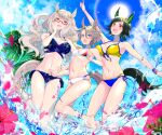  3girls :d absurdres ahoge animal_ears arm_up armpits ass_visible_through_thighs bandaid bandaid_on_cheek bandaid_on_face bangs bare_shoulders barefoot bikini biwa_hayahide_(umamusume) black_hair blue_bikini blue_eyes blue_sky blush breasts brown_eyes brown_hair cleavage cloud collarbone commentary_request crown day ear_ornament eyebrows_visible_through_hair floating_hair flower full_body glasses glint groin hair_between_eyes hair_ornament hairclip hand_on_hip hand_on_own_cheek hand_on_own_face highres horse_ears horse_girl horse_tail jumping large_breasts layered_bikini lens_flare long_hair looking_at_viewer mini_crown mismatched_bikini multiple_girls narita_taishin_(umamusume) navel open_mouth outdoors palm_tree parted_bangs pointing pointing_up print_bikini quatraise red-framed_eyewear red_eyes semi-rimless_eyewear short_hair side-tie_bikini sidelocks signature sky small_breasts smile standing standing_on_one_leg stomach sun sunlight sweat swimsuit tail thigh_gap tree umamusume under-rim_eyewear upper_teeth very_long_hair water white_bikini white_hair winning_ticket_(umamusume) wristband yellow_bikini 