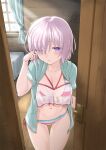  1girl bikini breasts doorway fate/grand_order fate_(series) hair_over_one_eye large_breasts light_purple_hair mash_kyrielight navel official_alternate_costume one_eye_closed open_door opening_door pov_doorway purple_eyes rohgun short_hair side-tie_bikini solo standing striped striped_bikini swimsuit swimsuit_of_perpetual_summer_ver.02 