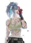  1girl abs absurdres akame_(chokydaum) bangs bare_shoulders belt biceps black_gloves blue_hair breasts cleavage closed_eyes closed_mouth dog_tags earrings flower gloves hand_on_own_face highres jewelry large_breasts leona_heidern military multicolored_hair muscular muscular_female orochi_leona petals ponytail red_hair rose_petals sleeveless solo tank_top the_king_of_fighters the_king_of_fighters_xiv the_king_of_fighters_xv triangle_earrings yellow_tank_top 