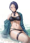  1girl absurdres bikini black_bikini blue_hair breasts commentary_request fire_emblem fire_emblem:_three_houses highres homomomomon huge_filesize jewelry looking_at_viewer navel necklace open_clothes partially_submerged purple_eyes purple_hair shamir_nevrand swimsuit towel water water_drop white_background 
