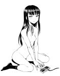  1girl arm_support between_legs blush breasts closed_mouth fingernails geewhy greyscale hand_between_legs high_score_girl highres jewelry long_hair looking_at_viewer monochrome neck_ribbon nipples nude oono_akira ribbon ring simple_background sitting small_breasts socks solo tagme wariza white_background 