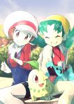  2girls bangs breasts brown_eyes brown_hair chikorita clenched_hands closed_eyes closed_mouth commentary_request cropped_jacket eyelashes gen_2_pokemon green_hair grin hat hat_ribbon highres jacket kris_(pokemon) lyra_(pokemon) multiple_girls overalls parted_bangs pokegear pokemon pokemon_(creature) pokemon_(game) pokemon_gsc pokemon_hgss red_shirt ribbon rindoriko shirt sitting smile starter_pokemon totodile twintails white_headwear white_jacket 