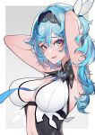  1girl armpits arms_up between_breasts blue_hair blue_neckwear breasts cleavage eula_lawrence genshin_impact hairband highres large_breasts looking_at_viewer medium_hair navel necktie necktie_between_breasts open_mouth sleeveless solo upper_body xdcstc 