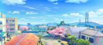  absurdres artist_logo blue_sky bridge building chain-link_fence cherry_blossoms cloud commentary_request dated day dumpster fence highres hill house no_humans original outdoors pool scenery sky spring_(season) toufu_(inu_no_mayuge) town tree 