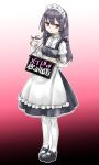  1girl akitsuki_itsuki apron black_dress black_footwear dress gradient gradient_background grey_hair hair_twirling holding holding_sign jitome juliet_sleeves legs_together long_hair long_sleeves looking_at_viewer maid maid_apron maid_headdress original pantyhose puffy_sleeves red_background red_eyes shirt shoes sign solo standing translation_request white_apron white_legwear white_shirt 