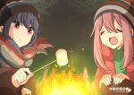  2girls bangs blue_hair brown_jacket camping closed_eyes closed_mouth commentary_request copyright eyebrows_visible_through_hair eyes_visible_through_hair fire food forest green_shirt hair_between_eyes hand_on_own_knee hands_on_own_knees highres holding holding_food jacket kagamihara_nadeshiko light logo long_hair marshmallow multicolored multicolored_clothes multicolored_headwear multicolored_scarf multiple_girls nature night night_one open_mouth pink_hair purple_eyes red_jacket roasting scarf shadow shima_rin shirt smile squatting staring striped striped_headwear striped_scarf tree woollen_cap yurucamp 