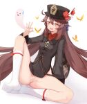  1girl :d absurdres arm_behind_back black_dress black_headwear blush bottomless breasts brown_hair censored dress flower flower-shaped_pupils full_body genshin_impact gesture ghost gradient_hair hair_between_eyes hand_up hat hat_flower heart heart_censor highres hu_tao_(genshin_impact) kanon_12361024 knee_up kneehighs knees_apart_feet_together legs long_hair long_sleeves looking_at_viewer multicolored_hair nail_polish naughty_face no_panties open_mouth plum_blossoms pussy red_eyes red_flower red_hair red_nails sitting small_breasts smile solo spread_legs sweatdrop thighs twintails two-tone_hair very_long_hair white_legwear wide_sleeves 