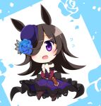  1girl animal_ears asymmetrical_hair bangs belt belt_buckle black_neckwear blue_background blue_flower blue_rose blush brown_hair buckle chibi clenched_hands commentary_request dagger dress eyebrows_visible_through_hair eyes_visible_through_hair flower flower_on_head framed full_body hair_over_one_eye hands_together high_heels horse_ears layered_dress long_hair long_sleeves open_mouth pantyhose petals purple_eyes purple_headwear red_legwear rice_shower_(umamusume) rose scabbard senba_chidori sheath solo standing strapless strapless_dress umamusume weapon white_background 