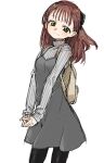  1girl akitsuki_itsuki backpack bag black_bow black_legwear blush bow brown_hair closed_mouth cowboy_shot dress green_eyes grey_dress grey_shirt hair_bow long_sleeves looking_at_viewer original own_hands_together pantyhose shirt simple_background smile standing white_background 