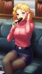  1girl belt black_belt blonde_hair blue_skirt crossed_legs curly_hair doukyuusei doukyuusei_another_world game_cg hair_intakes hand_in_hair indoors long_hair long_sleeves looking_at_viewer miniskirt official_art pantyhose pencil_skirt pink_sweater ribbed_sweater saitou_mako sexually_suggestive shiny shiny_clothes shiny_hair shiny_legwear sitting skirt solo sweater turtleneck turtleneck_sweater yellow_eyes 