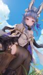  1girl animal_ears bangs bare_shoulders black_footwear blue_hair breasts cleavage cloud detached_sleeves erune granblue_fantasy hair_ornament hat highres nido_celisius pantyhose pout purple_eyes short_hair sitting sky solo staff thighs tikoh tree_stump 