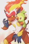  bright_pupils chitozen_(pri_zen) colored_sclera commentary_request creature eye_contact gen_4_pokemon gen_8_pokemon grey_eyes grookey hand_up highres infernape looking_at_another no_humans pokemon pokemon_(creature) pokemon_on_arm sparkle starter_pokemon twitter_username watermark white_pupils yellow_sclera 