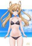  1girl abukuma_(kancolle) artist_name bangs bikini black_bikini blonde_hair blue_eyes breasts collarbone commentary_request cowboy_shot double_bun hair_rings highres kantai_collection long_hair looking_at_viewer navel small_breasts solo swimsuit t2r 