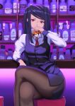  1girl alcohol bar bartender bench bl/ess bottle crossed_legs cup drinking drinking_glass highres ice ice_cube jill_stingray necktie pantyhose purple_hair red_eyes sitting solo solo_focus twintails va-11_hall-a wine_bottle 
