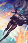  1girl armor black_legwear black_shorts blue_eyes blue_hair boots byleth_(fire_emblem) byleth_(fire_emblem)_(female) cape dagger fire fire_emblem fire_emblem:_three_houses highres kaijuicery long_hair midriff navel pantyhose short_shorts shorts solo sword weapon 