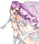  1girl akitsuki_itsuki bra breasts choker cleavage drill_hair elbow_gloves from_side gloves looking_at_viewer looking_to_the_side medium_breasts original panties purple_hair red_eyes sketch smile smug solo thighhighs twin_drills twintails underwear walking white_bra white_choker white_gloves white_legwear white_panties zoom_layer 