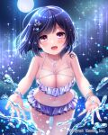  1girl :d back beach bikini black_hair claire_(falkyrie_no_monshou) collaboration falkyrie_no_monshou hair_ornament jewelry looking_at_viewer necklace night night_sky ocean official_art open_arms open_mouth pink_eyes purple_bikini shell_hair_ornament shinkai_no_valkyrie side-tie_bikini sky smile stardrop starfish_hair_ornament stomach swimsuit water 