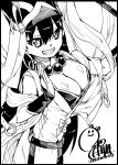  1girl akitsuki_itsuki beads bow bra bracer breasts cleavage dated earrings fate/grand_order fate_(series) greyscale grin hands_up hat hoop_earrings jewelry large_breasts looking_at_viewer monochrome prayer_beads signature smile solo underwear xuangzang_sanzang_(fate) 