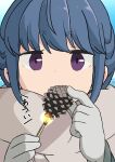  1girl bangs blue_hair blue_sky close-up closed_mouth commentary_request fire gloves highres long_sleeves matches multicolored night_one pinecone poncho purple_eyes shima_rin sky solo staring translation_request yurucamp 