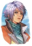  1boy aqua_eyes aqua_neckwear bangs cloud final_fantasy final_fantasy_xiii hope_estheim hungry_clicker jacket looking_to_the_side neckwear orange_jacket outdoors parted_lips scarf short_hair solo upper_body white_hair 