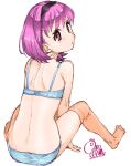 1girl akitsuki_itsuki between_legs blue_bra blue_panties bra copyright_request dated from_behind full_body hairband hand_between_legs looking_at_viewer looking_back medium_hair no_shoes orange_legwear panties parted_lips pink_hair red_eyes signature simple_background sitting solo thighhighs underwear white_background 