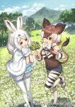  animal_ears animal_print arctic_hare_(kemono_friends) bare_shoulders boots bow bowtie brown_eyes brown_hair brown_shirt bunny_ears bunny_tail capelet clover commentary_request cutoff_jeans cutoffs detached_sleeves extra_ears four-leaf_clover fur_trim kawaku kemono_friends kemono_friends_3 meadow mittens official_art okapi_(kemono_friends) okapi_ears okapi_tail one_eye_closed pantyhose print_legwear print_neckwear print_sleeves rabbit_girl red_eyes shirt short_hair shorts standing standing_on_one_leg tail white_capelet white_fur white_hair white_legwear white_mittens white_shorts zebra_print 