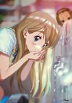  2girls :o bangs blonde_hair blue_eyes blue_ribbon blurry blurry_background blush brown_hair commentary drinking eyebrows_visible_through_hair faucet hairband highres holding k-on! kotobuki_tsumugi long_hair looking_at_another looking_at_viewer looking_down multiple_girls neck_ribbon parted_lips ribbon sakuragaoka_high_school_uniform school_uniform shirt short_hair short_sleeves signature solo_focus sweater_vest tainaka_ritsu thick_eyebrows verse white_shirt yellow_sweater_vest 