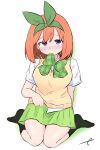  1girl bangs black_legwear blue_eyes blush bow breasts closed_mouth collared_shirt eyebrows_behind_hair full_body go-toubun_no_hanayome green_bow green_ribbon green_skirt hair_ribbon highres kujou_karasuma looking_at_viewer medium_breasts mouth_hold nakano_yotsuba no_shoes nose_blush orange_hair pleated_skirt ribbon shirt short_sleeves signature sitting skirt socks solo sweater_vest wariza white_background white_shirt 