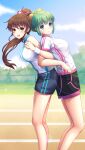  2girls :d bangs black_shorts blue_eyes blue_sky blunt_bangs bow breasts brown_eyes closed_mouth day doukyuusei doukyuusei_another_world eyebrows_visible_through_hair floating_hair from_side game_cg green_hair hair_between_eyes hair_bow hair_ribbon high_ponytail iijima_miyuki kakyuusei large_breasts leaning_back leaning_forward long_hair looking_at_viewer medium_breasts multiple_girls official_art open_mouth outdoors pink_ribbon ribbon shiny shiny_hair shirt short_shorts short_sleeves shorts sky sleeveless sleeveless_shirt smile tanaka_misa very_long_hair white_shirt yellow_bow 