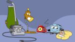  artist_request blue_background brown_eyes colored_sclera dial electric_blanket highres lamp light_bulb no_humans power_cord radio simple_background smile the_brave_little_toaster toaster two-tone_background vacuum_cleaner yellow_sclera 