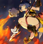  1girl black_dress black_footwear blue_hair boots braid braided_bun breathing_fire china_dress chinese_clothes dress english_commentary fire flat_chest full_body genshin_impact guoba_(genshin_impact) holding holding_spear holding_weapon open_mouth optionaltypo polearm short_hair solo_focus spear thigh_strap thighs vambraces weapon xiangling_(genshin_impact) yellow_eyes 